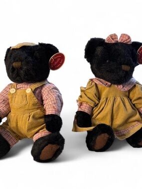 Black Plush Bear Pair in Mustard Corduroy Outfits - Classic Teddy Dolls